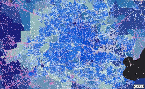 Map showing the digital divide index overlayed with maximum download speed by block around Houston, Texas