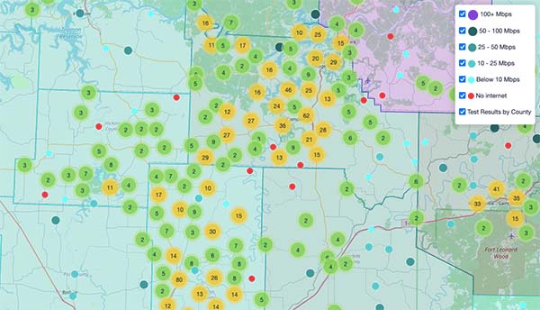 Map of speed test results around Camden County, Missouri